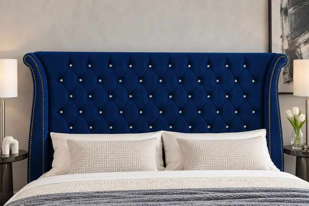 Pat tapițat din catifea Zafira 160×200 cm, bleumarin, cu ladă de depozitare