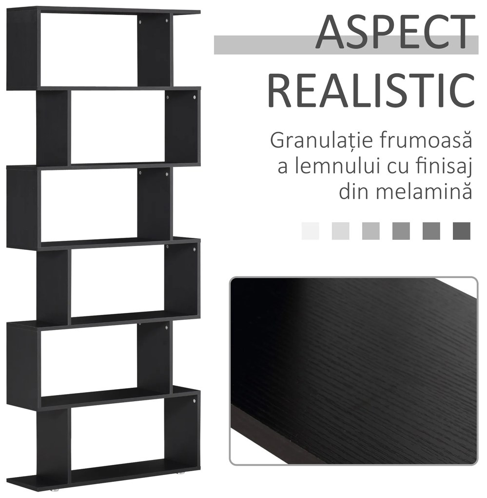 HOMCOM Bibliotecă Modernă cu 6 Rafturi, Design Zig-Zag, Lemn Rezistent, Ușor de Curățat, Negru, 80x24x191 cm | Aosom Romania