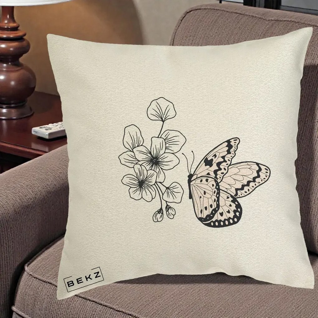 Perna Decorativa Fluture si Flori Linie Monocroma, 40x40 cm, Ecru, Husa Detasabila, Perna Inclusa, BEKZ®
