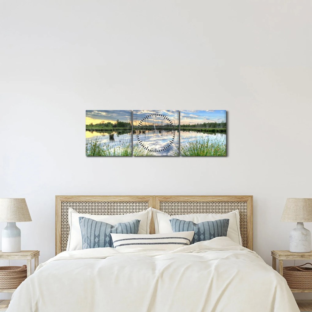 Tablou cu lac și trestie (cu ceas) (90x30 cm)