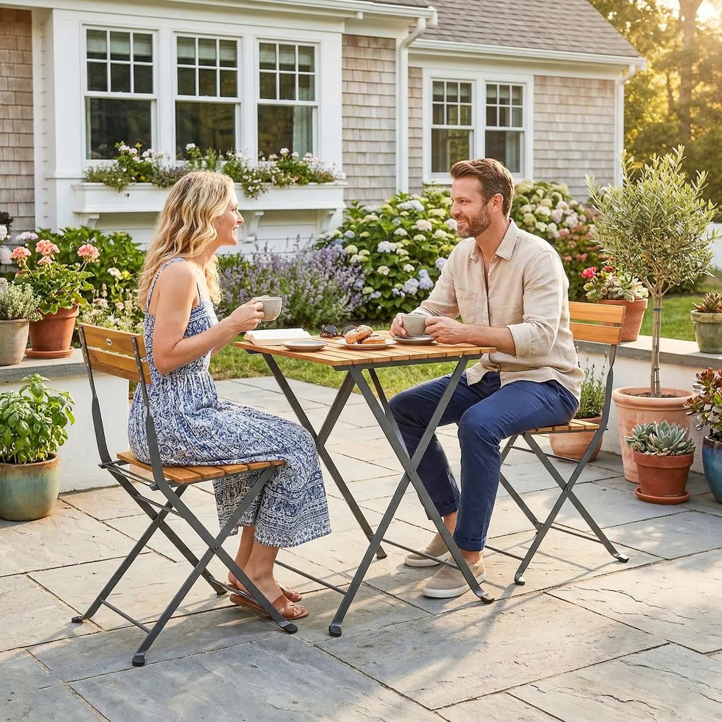 Outsunny Set 3 piese pentru luat masa 2 persoane, masă pliantă cu 2 scaune pliante pentru terasă/balcon Teak | Aosom Romania