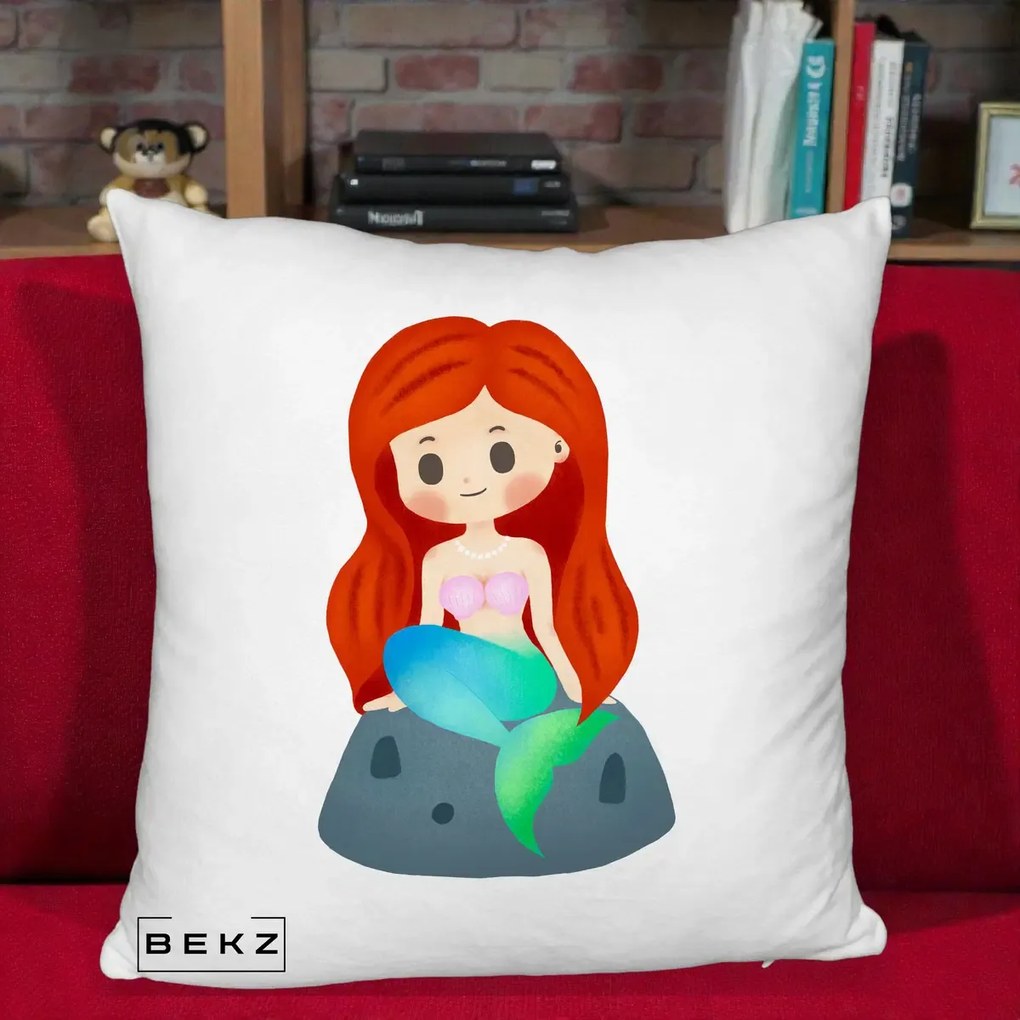 Perna Personalizata Sirena Kawaii Roscat, 40x40 cm, Alb Pufos, Husa Detasabila, Perna Inclusa, BEKZ®
