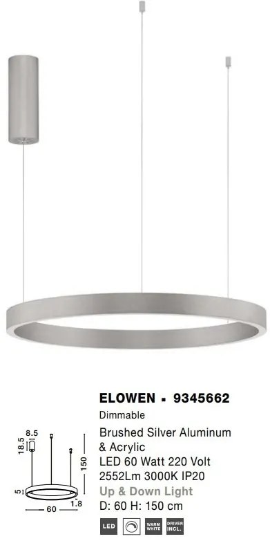 Lustra LED design circular cu iluminat sus si jos ELOWEN argintiu, diametru 60cm