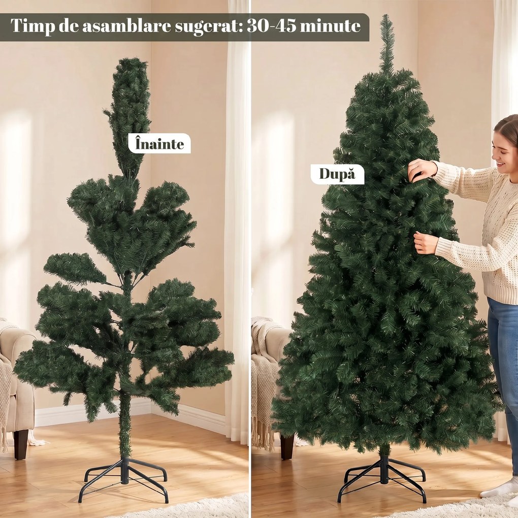 HOMCOM Brad Artificial de Crăciun, 180 cm, 888 Ramuri Ignifuge, Bază Metalică Pliabilă, Verde | Aosom Romania