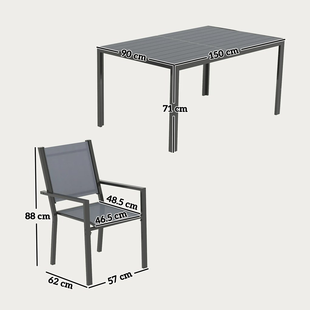 Outsunny Set Masă de Grădină cu Scaune, 7 Piese, Set de Prânz cu Masă cu Blat din Lemn Compozit cu Șipci și 6 Scaune de Exterior Stivuibile, Mobilier din Oțel cu Texteline, Gri și Negru | Aosom Romania