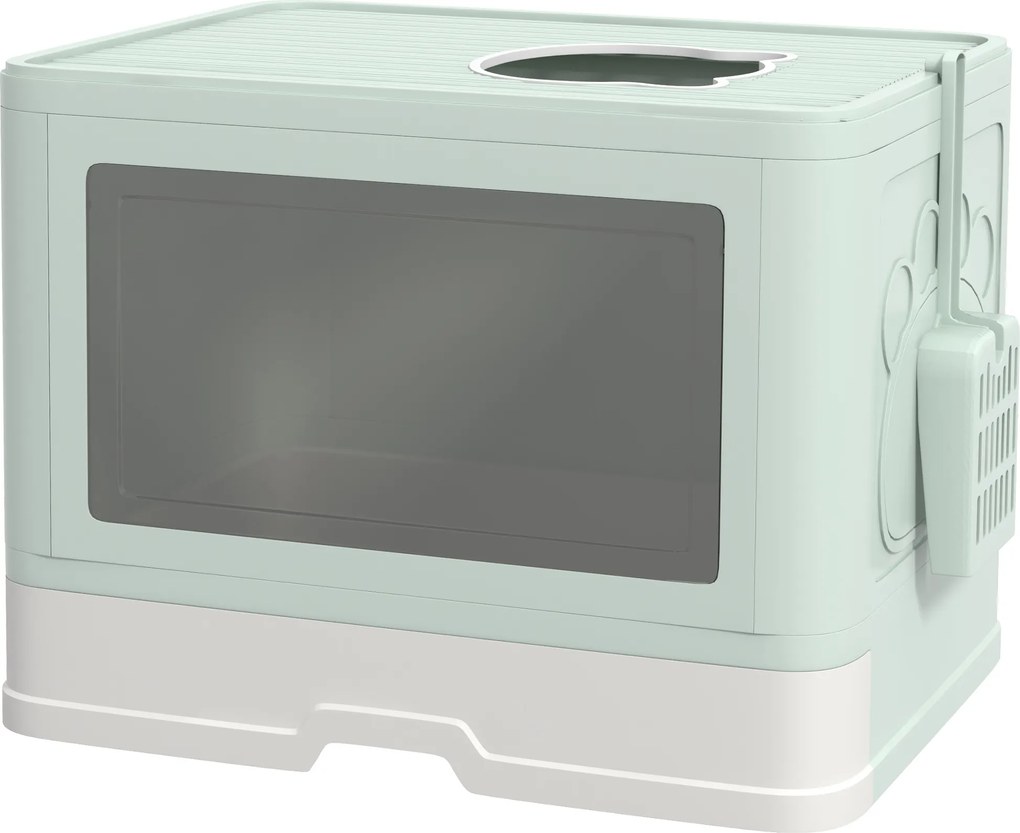 PawHut Litieră de nisip pentru pisici cu Capac, Intrare Dublă, Sertar, Lopățică, Verde | Aosom Romania