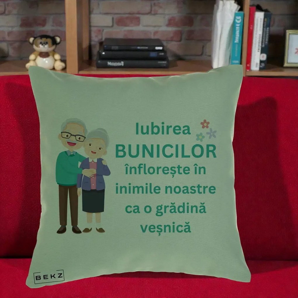 Cadou pentru Bunici - Perna Personalizata Bunicii Iubirea Infloreste Cuplu Senior Teal, 40x40 cm, Verde, Husa Detasabila, Perna Inclusa, BEKZ®