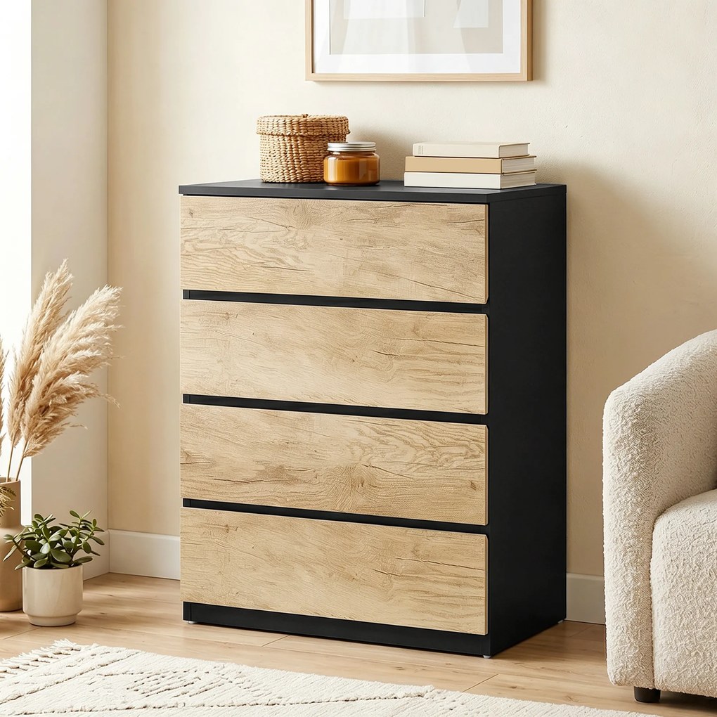 HOMCOM Comodă cu 4 Sertare din Lemn cu Șine Metalice și Mânere Frezate, 60x40x80 cm, Negru și Stejar | Aosom Romania