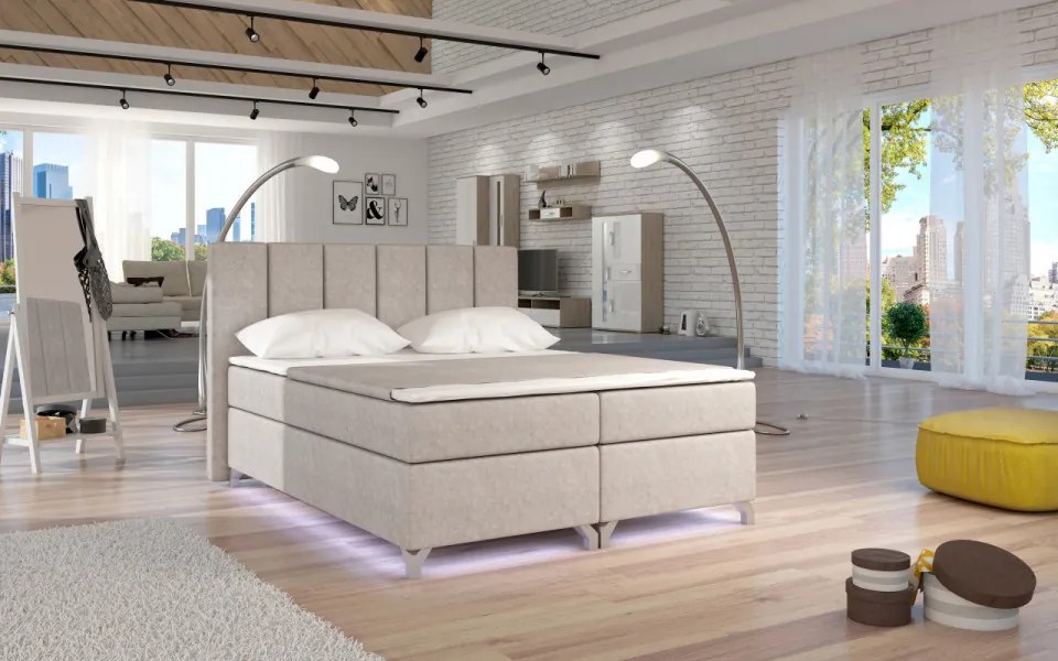 Pat tapitat boxspring, cu spatiu pentru depozitare, echipat cu LED, 180X200 cm, Basilio 2, Eltap (Culoare: Bej deschis)