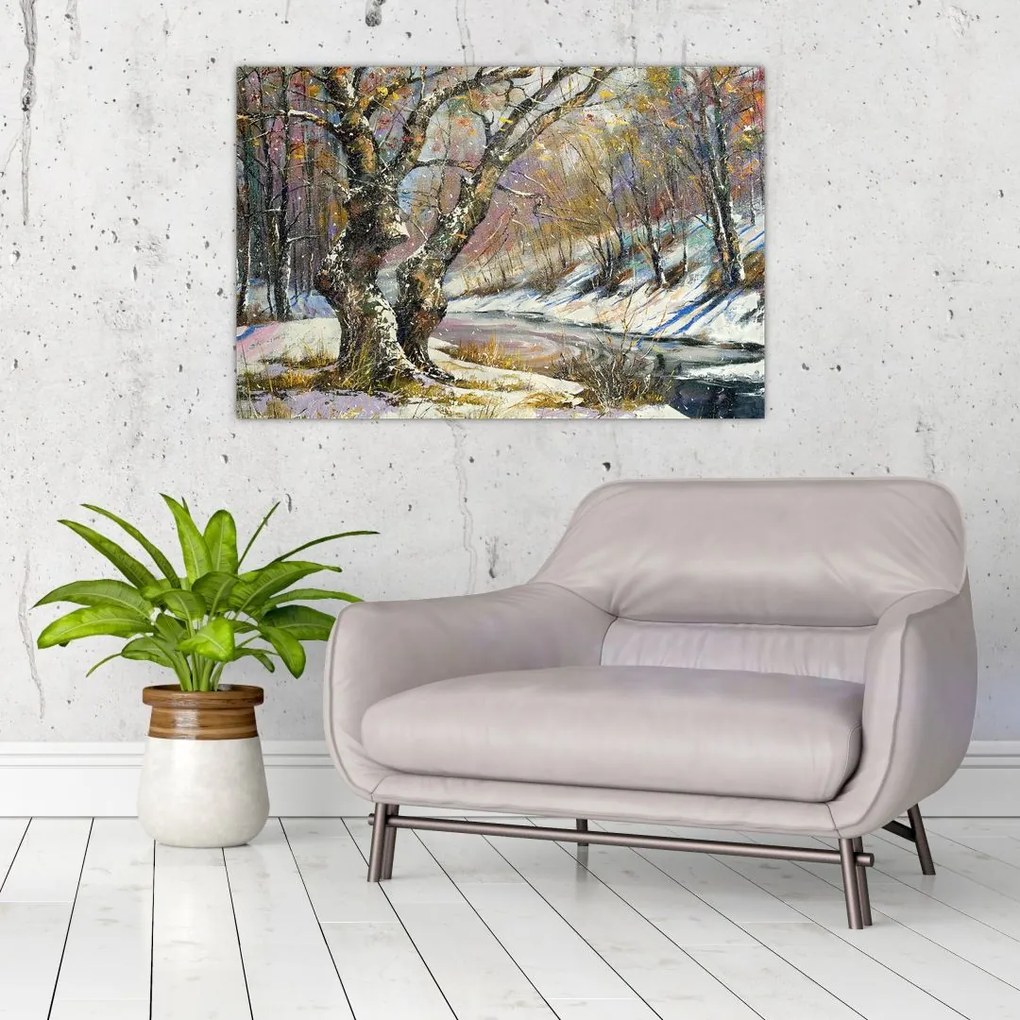 Tablou cu peisaj de iarnă pictat (90x60 cm)