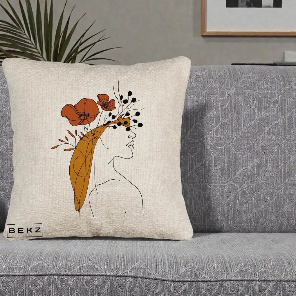 Perna Decorativa Portret Feminin Maci Rosii Auriu, 40x40 cm, Bej Canapea, Husa Detasabila, Perna Inclusa, BEKZ®