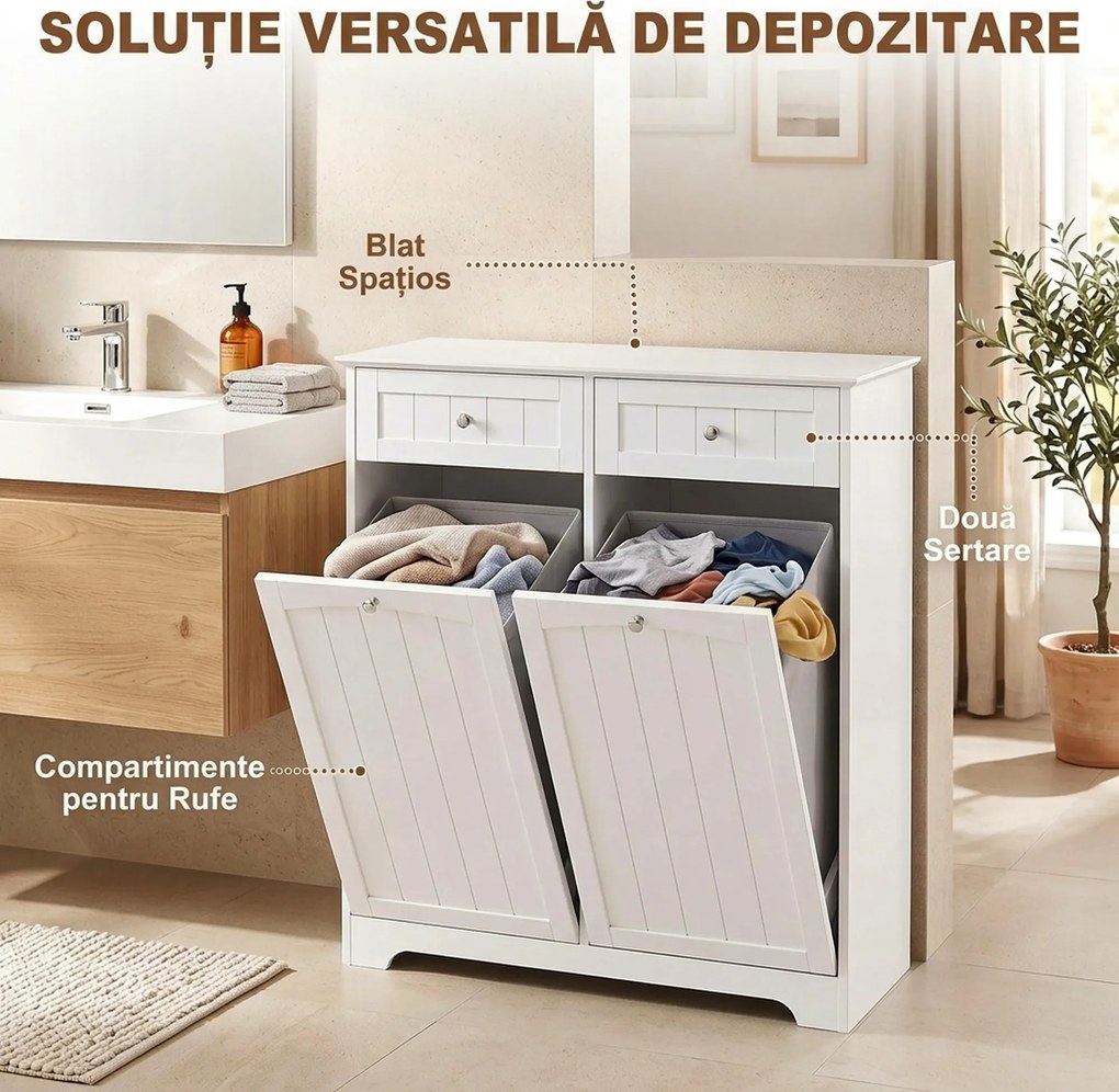 HOMCOM Dulap de Baie Economisire Spațiu cu 2 Sertare și 2 Coșuri, Alb | Aosom Romania