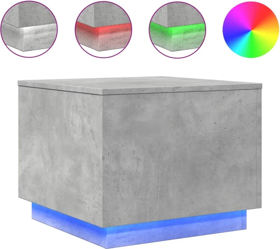 vidaXL Măsuță de cafea cu lumini LED, gri beton, 50x50x40 cm
