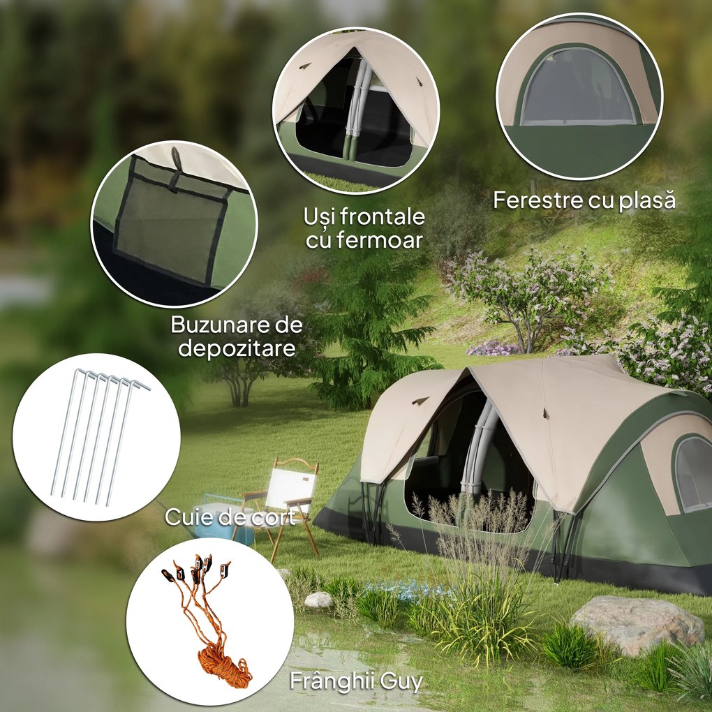 Outsunny Cort de Camping pentru 6-8 Persoane cu 2 Camere Separate și Uși cu Fermoar, 450x215x180 cm, Verde | Aosom Romania
