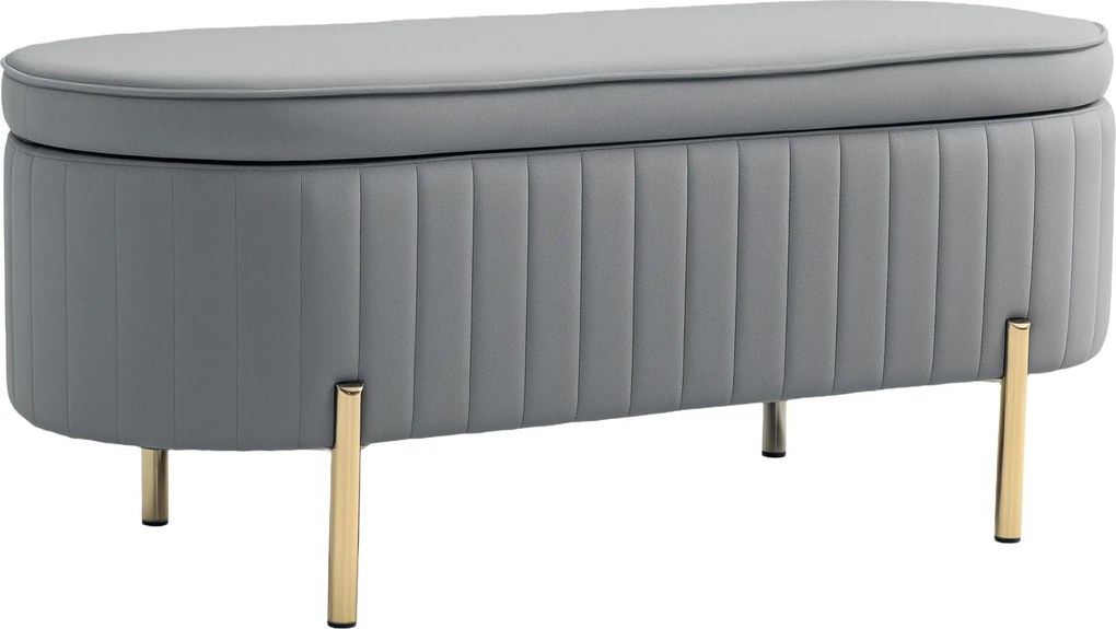 HOMCOM Bancă de Depozitare pentru Intrare Ovală 72L cu Design Scanalat, Capac Ridicabil și Șezut Capitonat, Bancă de la Capătul Patului Pouf în Catifea și Picioare de Lemn de Pin, 108x44x43.5 cm, Gri | Aosom Romania