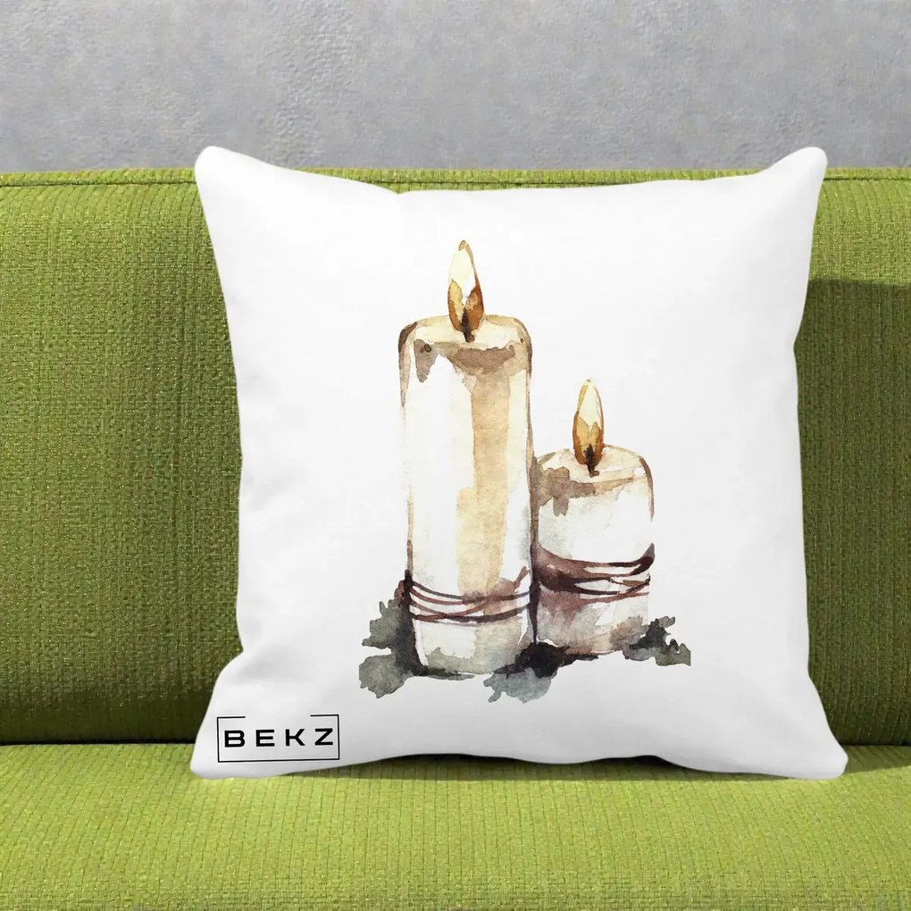 Perna Decorativa Lumanari Acuarela Iarna, 40x40 cm, Alba Mata, Husa Detasabila, Perna Inclusa, BEKZ®