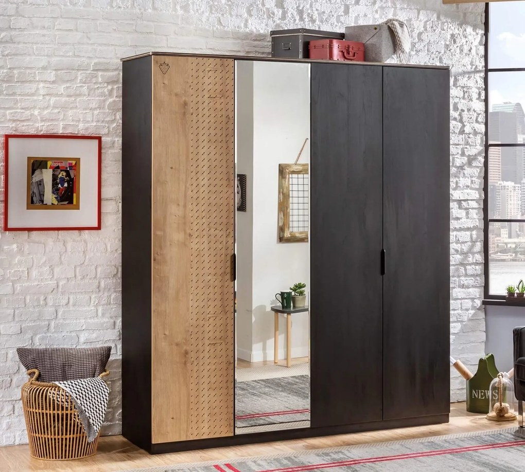 Dulap cu 4 usi si oglinda, pentru tineret Colectia Black, 182x53x210 cm