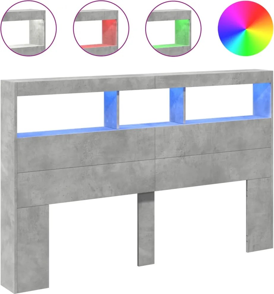 vidaXL Tăblie de pat cu dulap și LED, gri beton, 160x17x102 cm