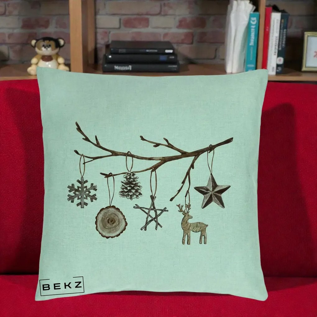 Perna Decorativa Ornamente de Lemn pe Ramura, 40x40 cm, Verde Menta, Husa Detasabila, Perna Inclusa, BEKZ®