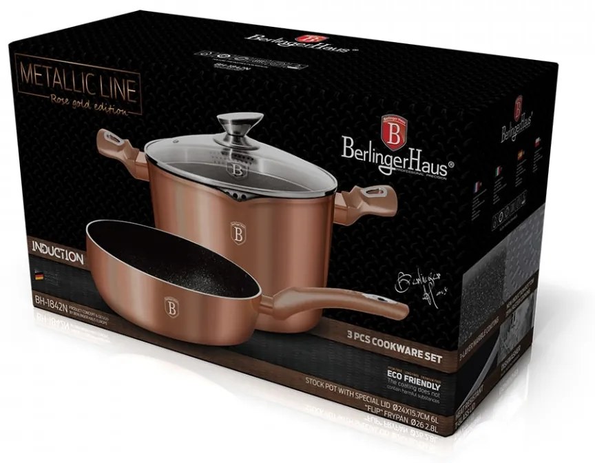 Set oala cu capac pentru paste si orez si tigaie de sotat marmorate (3 piese) din aluminiu forjat Rose Gold (Cupru) Metalic Line Berlinger Haus BH 1842N