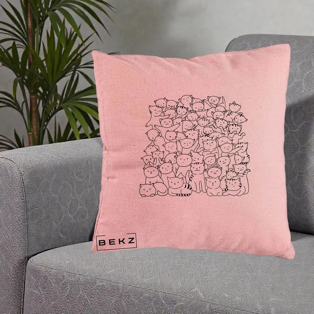 Perna Personalizata Many Cats Pattern Alb-Negru, 40x40 cm, Roz, Husa Detasabila, Perna Inclusa, BEKZ®