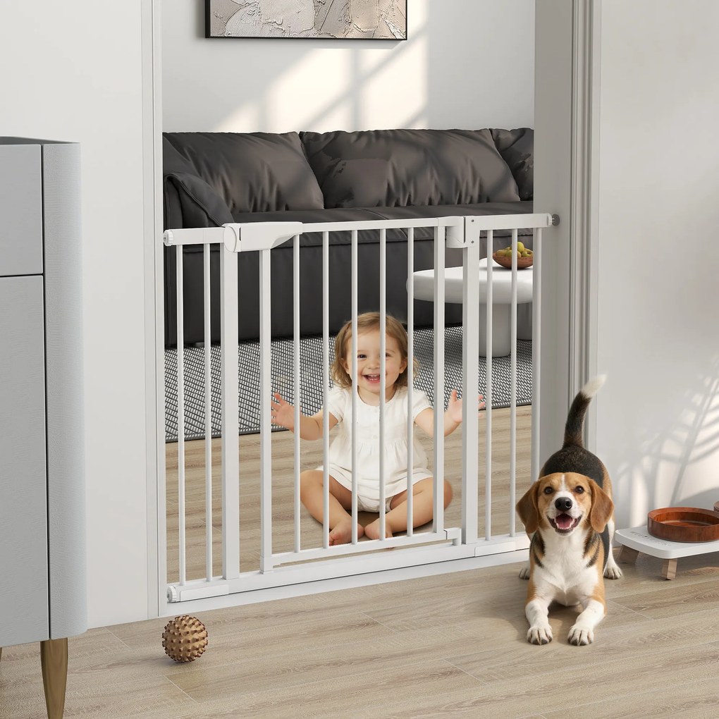 PawHut Poartă de Siguranță pentru Copii și Animale, Extensibilă 96-103 cm, Înălțime 76 cm, Poartă pentru Câini, Scări și Uși, Închidere Automată, Montaj prin Presiune, Deschidere în Ambele Direcții, Alb | Aosom Romania