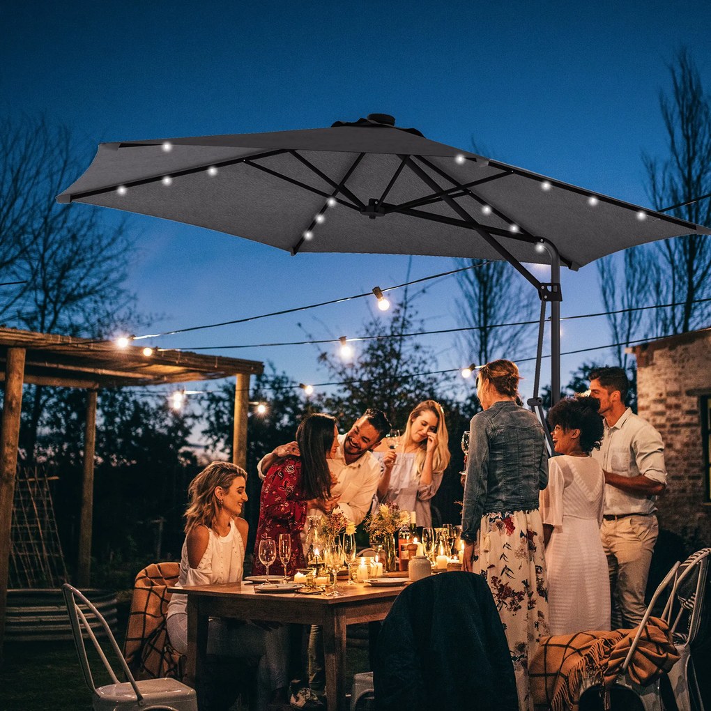 Outsunny Umbrelă Excentrică de 3 m cu Lumini LED cu Manivelă și Bază în Cruce pentru Exterior Patio Terasă Gri Închis | Aosom Romania