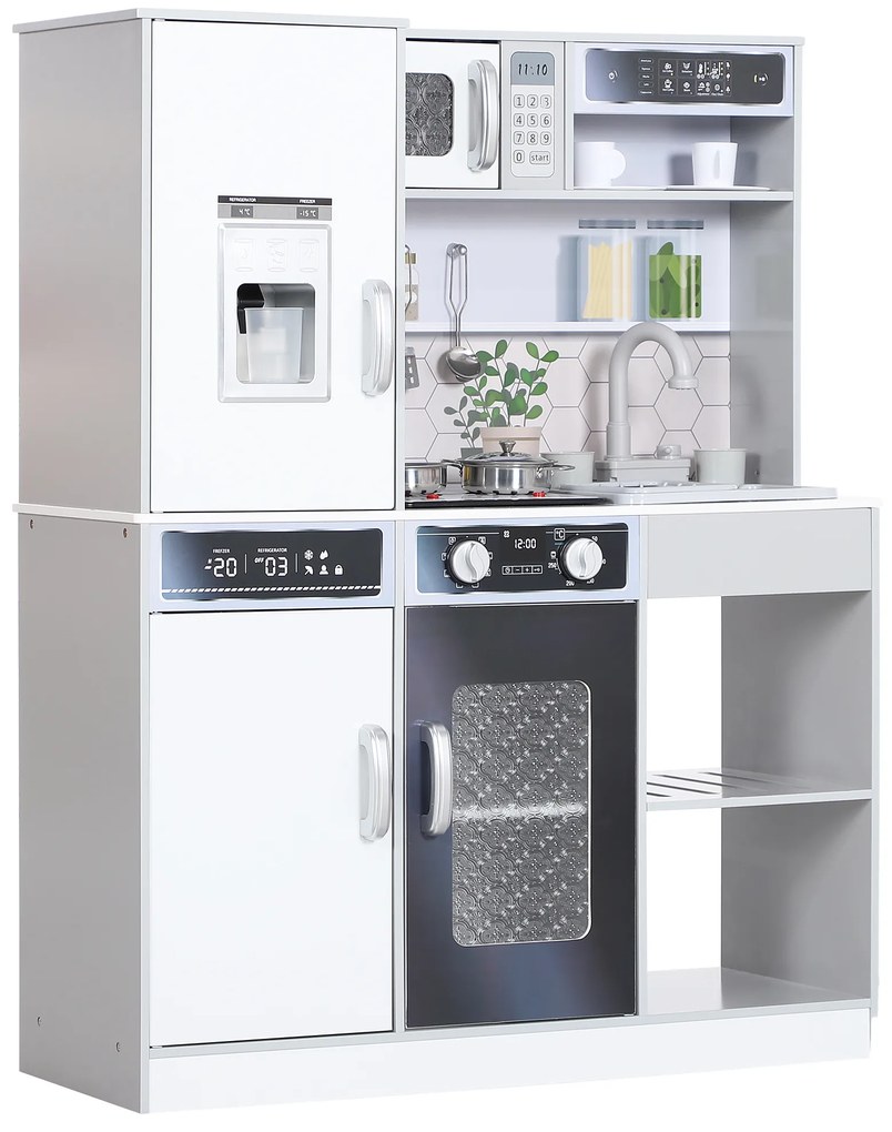 AIYAPLAY Set de bucatarie de joaca cu cratite din inox, Plita, Chiuveta cu sistem de apa, Functii de lumina si sunet, Alb | Aosom Romania