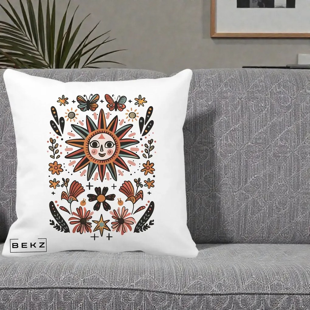 Perna Decorativa Soare Boho Folk Fluturi, 40x40 cm, Alba Mata, Husa Detasabila, Perna Inclusa, BEKZ®