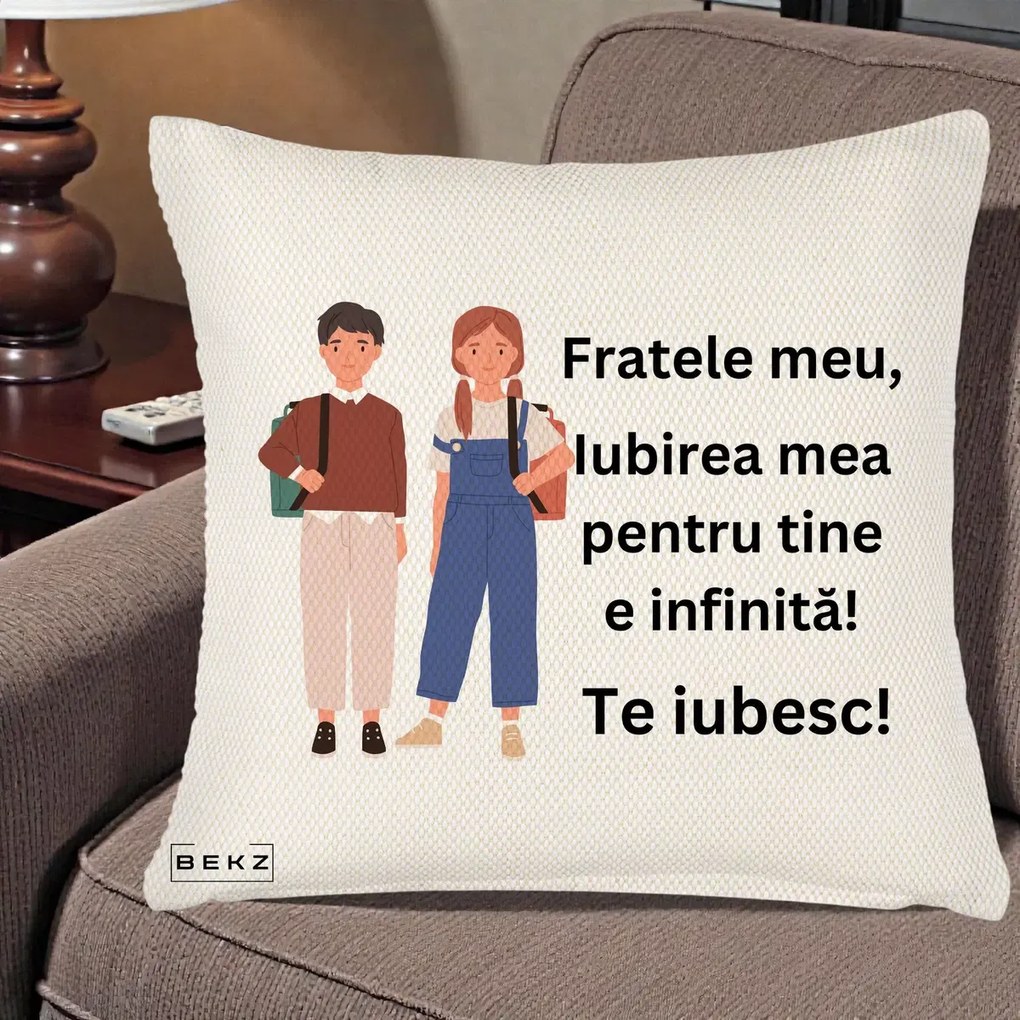 Cadou pentru Frate - Perna Personalizata Fratele Meu Te Iubesc Elevi Ilustratie Colorata, 40x40 cm, Crem Reliefat, Husa Detasabila, Perna Inclusa, BEKZ®