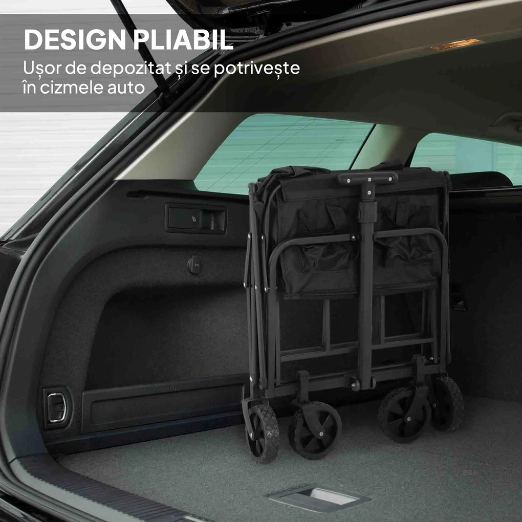 Outsunny Cărucior de Grădină Pliabil și Compact, Cărucior Multifuncțional cu Roți Universale și Mâner Reglabil pentru Sport, Camping, Cumpărături, Negru | Aosom Romania