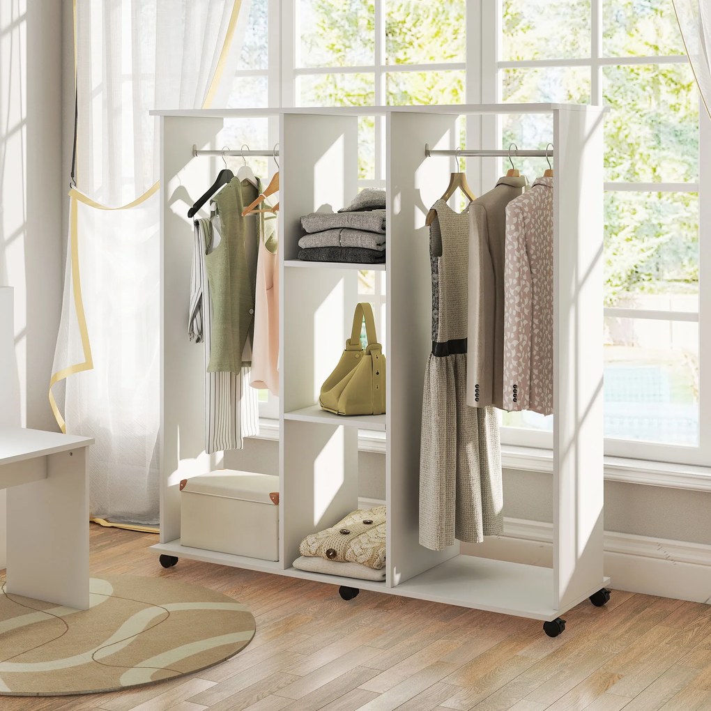 HOMCOM Dulap-penderie mobilier de depozitare mobil 6 roți 120 x 40 x 128 cm din lemn alb | Aosom Romania