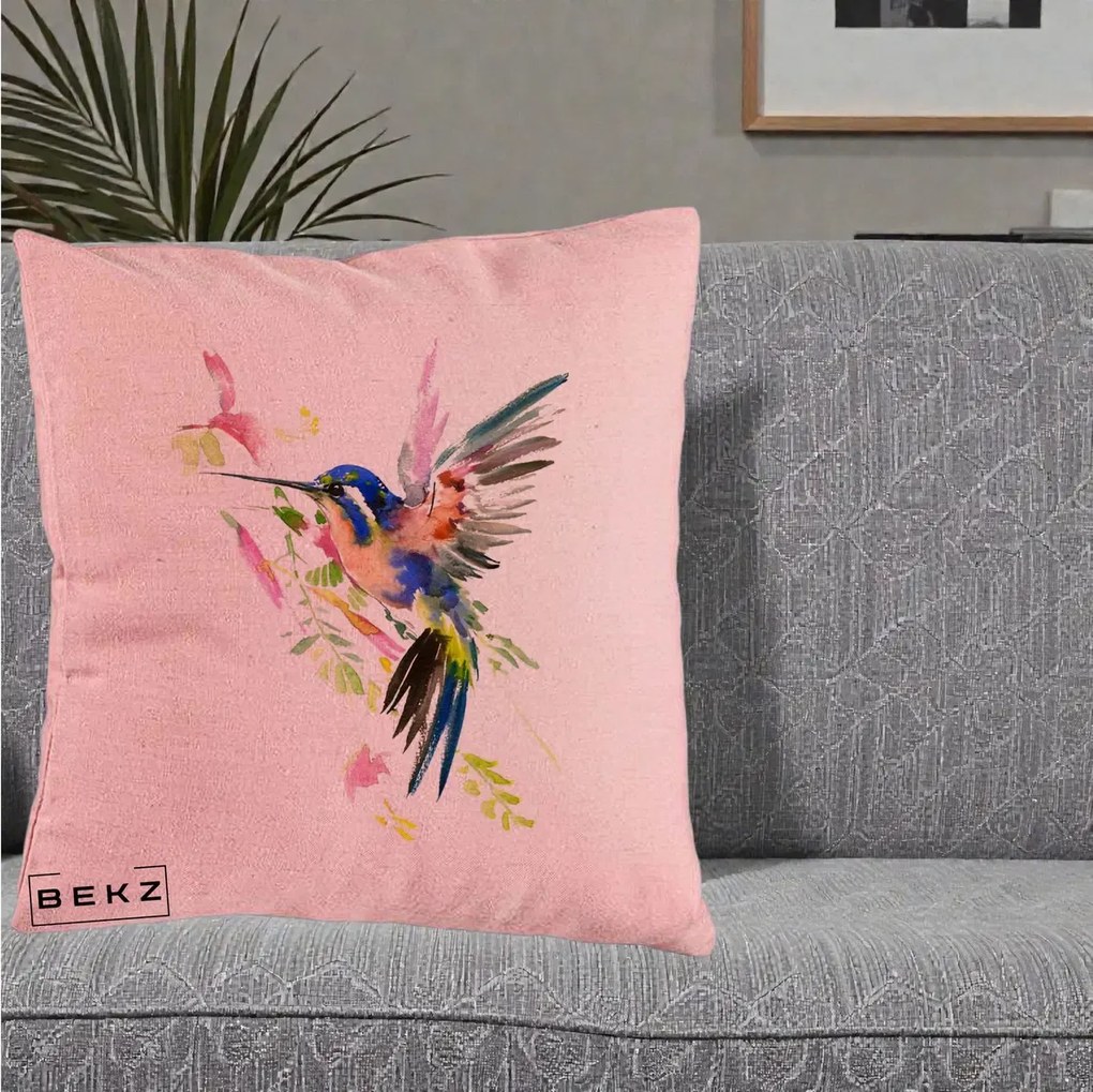 Perna Decorativa Colibri Acuarela, 40x40 cm, Roz, Husa Detasabila, Perna Inclusa, BEKZ®