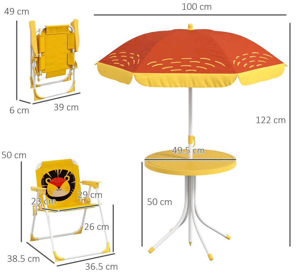 Outsunny Set mobilier de grădină pentru copii 4 piese motiv de leu cu umbrelă reglabilă Ø 100 cm scaun pliabil galben | Aosom Romania