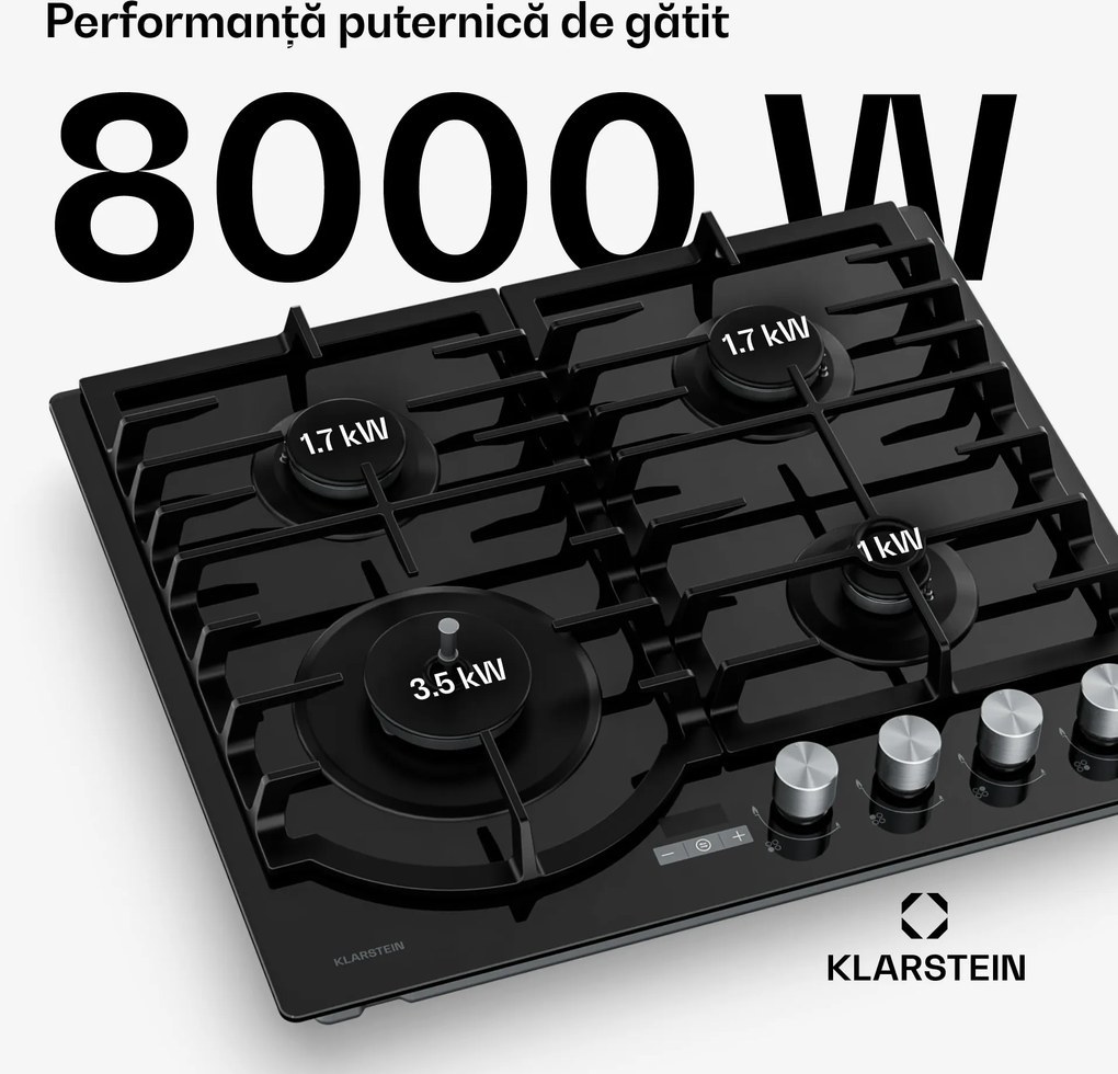Klarstein Ignito gaz plită, 8 kW, suporturi din fontă, temporizator, reglare temperatură