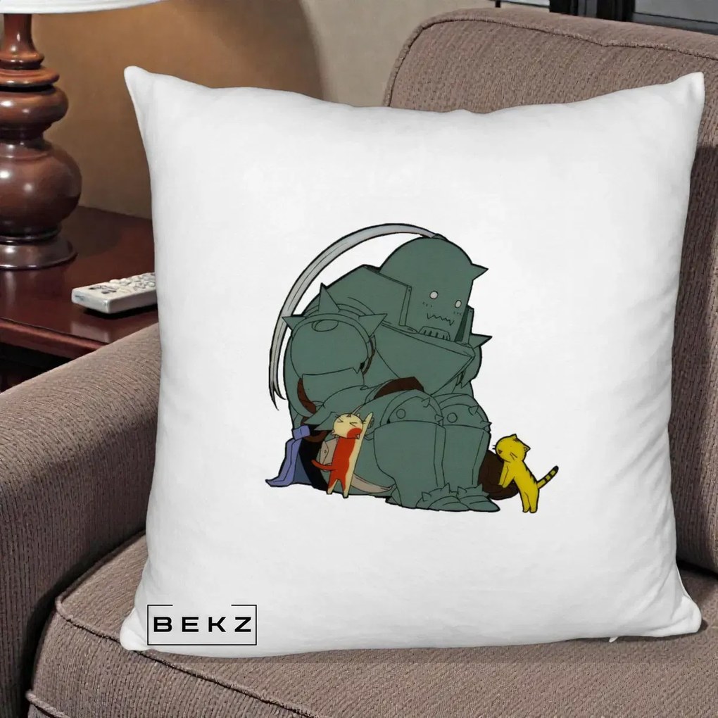 Perna Personalizata Fullmetal Alchemist Alphonse cu Pisici, 40x40 cm, Alb Pufos, Husa Detasabila, Perna Inclusa, BEKZ®