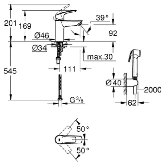 Set baterie lavoar cu dus igienic Eurosmart Hygienica New Grohe