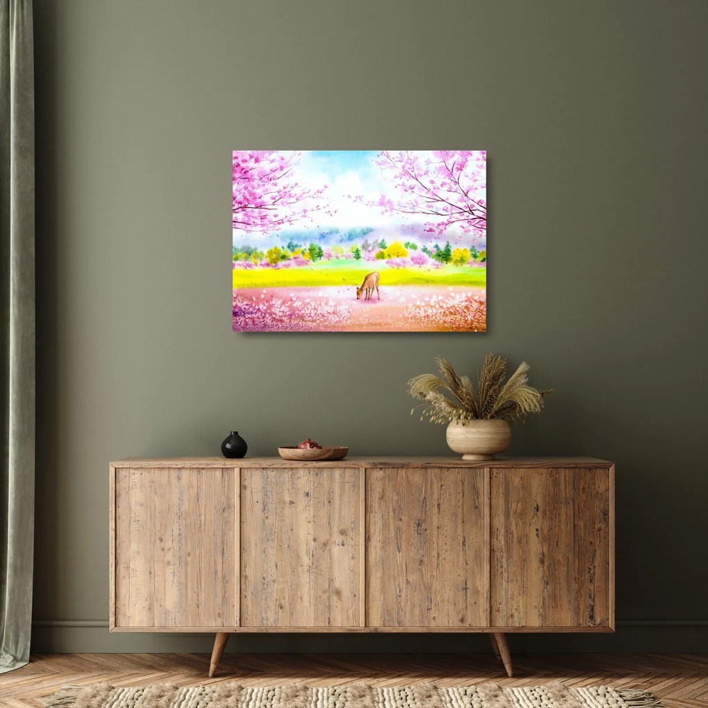 Tablou pe sticlă - Căprioară pictată, acuarelă (70x50 cm)