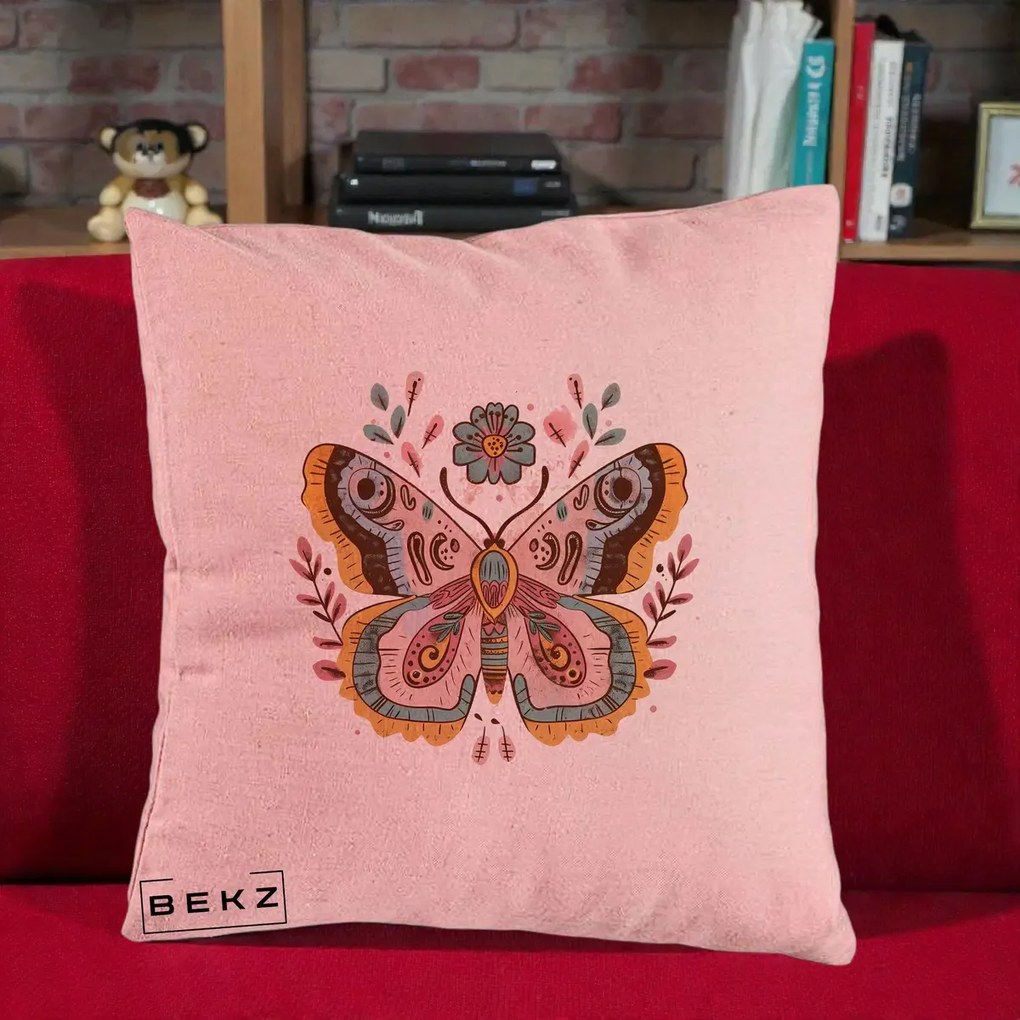 Perna Decorativa Fluture Boho Floral, 40x40 cm, Roz, Husa Detasabila, Perna Inclusa, BEKZ®