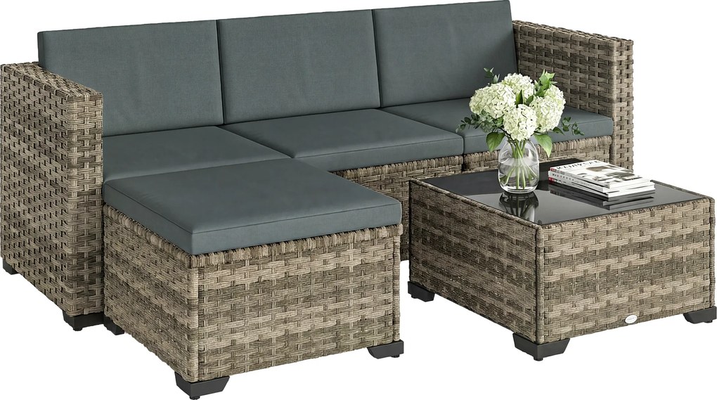 Outsunny Set exterior de grădină din ratan 5 piese cu perne 2 fotolii de colț fotoliu fără brațe suport pentru picioare și masă | Aosom Romania