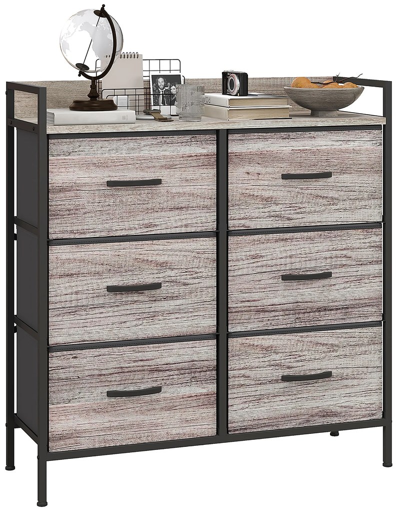 HOMCOM Comodă, mobilier de depozitare pentru dormitor cu 6 sertare din material nețesut, cadru din oțel, 79 x 29 x 85 cm, efect lemn gri | Aosom Romania