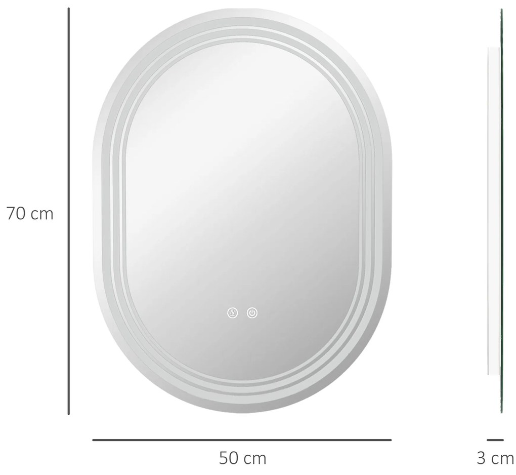 kleankin Oglindă Baie cu Lumină 70x50 cm 3 Culori de Lumină, Funcție Anti-abur, Funcție de Memorie, IP44, Orizontal/Vertical | Aosom Romania