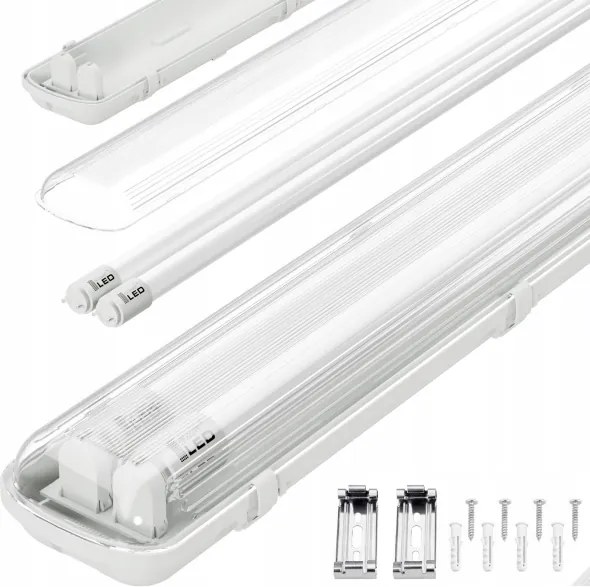 Corp de iluminat tehnic LED T8, 2 x soclu G13, 20 W, 230 V, 6500 K, 120 cm, IP65, alb