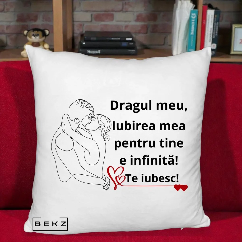 Cadou pentru Iubit - Perna Personalizata Dragul Meu Iubirea Mea pentru Tine e Infinita Te Iubesc, 40x40 cm, Alb Pufos, Husa Detasabila, Perna Inclusa, BEKZ®