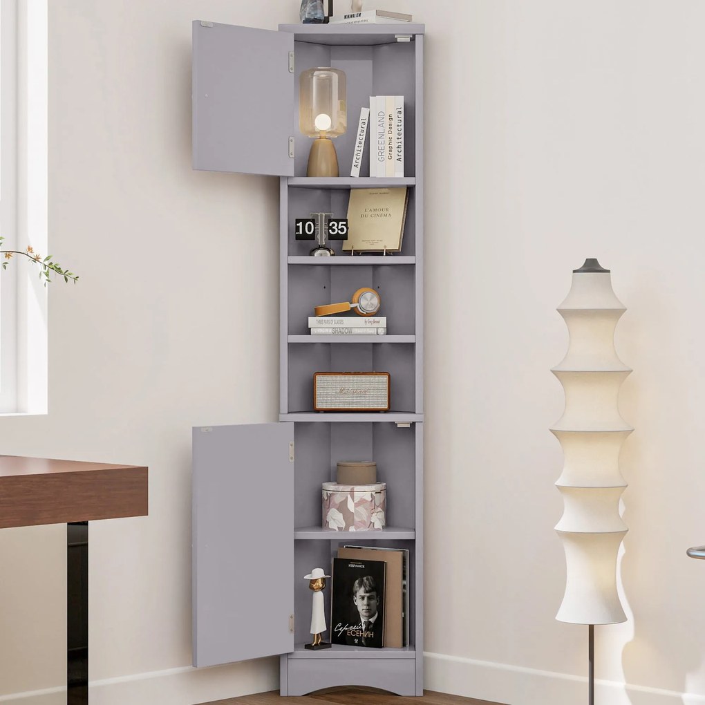 Dulap de baie triunghiular, cu rafturi reglabile și uși duble, 37x24,5x170 cm, Gri