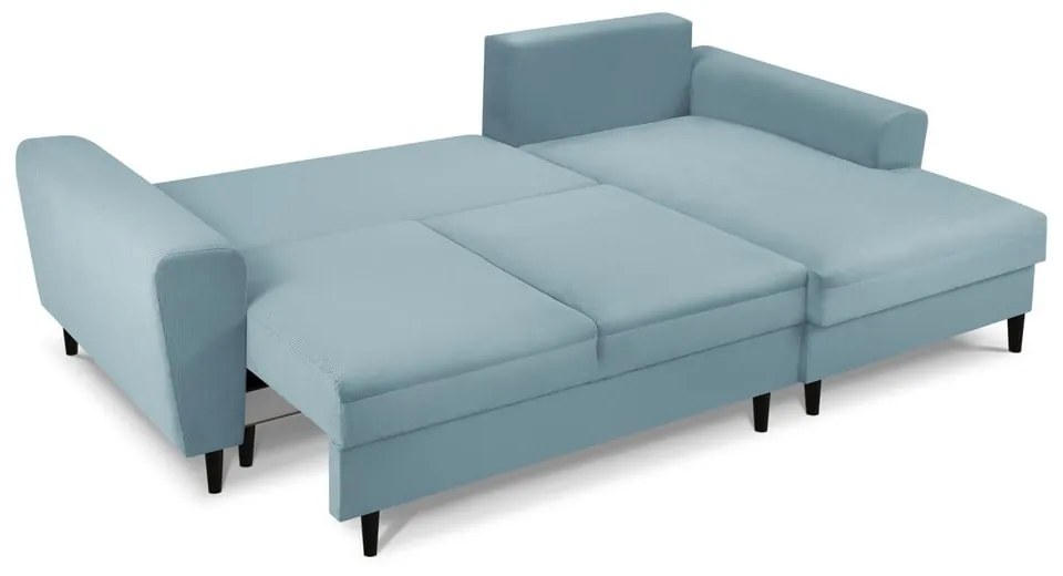 Colțar albastru deschis extensibil, cu spațiu de depozitare cu tapițerie din catifea reiată (cu colț pe partea dreaptă, cu șezlong) Kyoto – Cosmopolitan Design