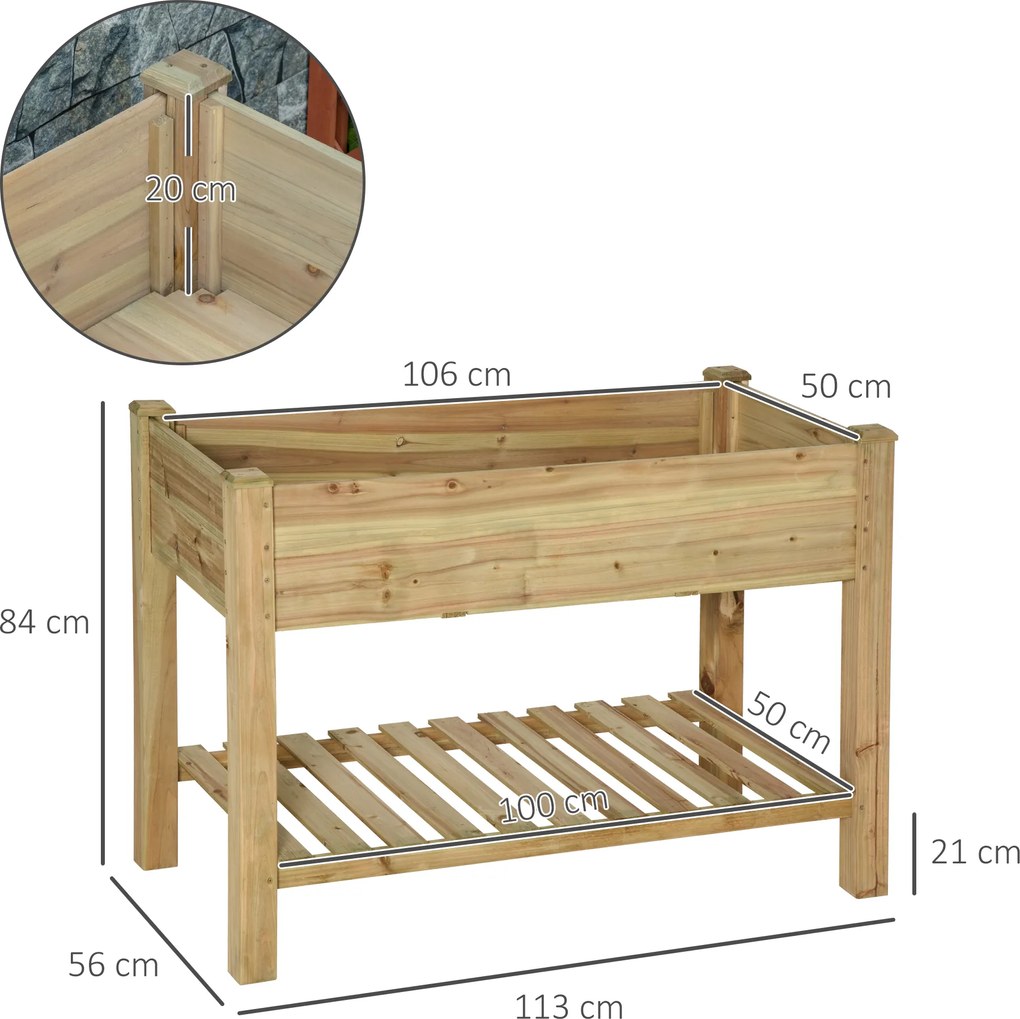 Outsunny Ghiveci înălțat cu etajeră de depozitare din lemn, pătrat de grădină pe picioare ridicat, 113 x 56 x 84 cm, verde | Aosom Romania