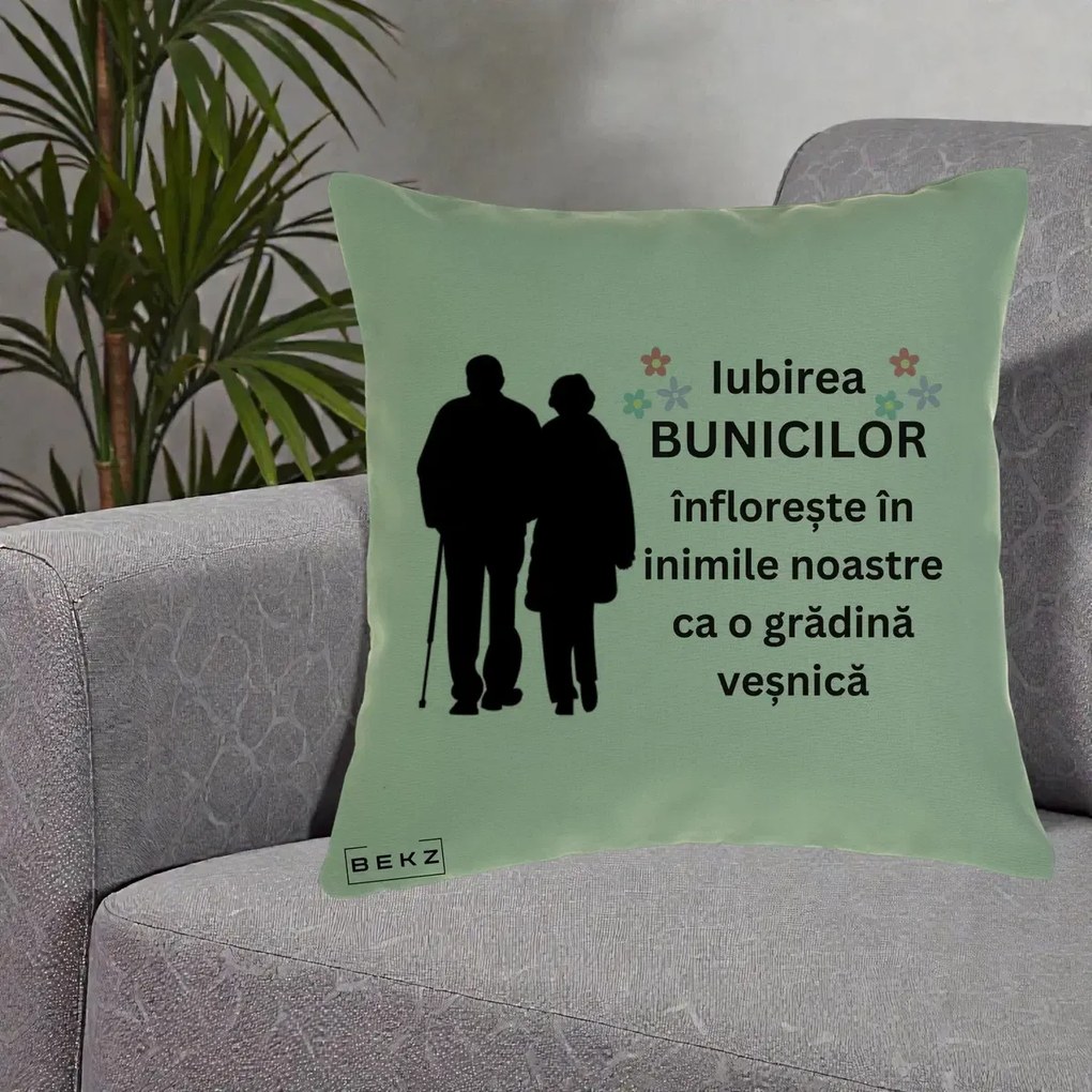 Cadou pentru Bunici - Perna Personalizata Bunicii Iubirea Infloreste Silueta Neagra Flori, 40x40 cm, Verde, Husa Detasabila, Perna Inclusa, BEKZ®