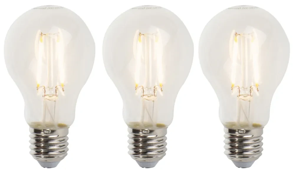 Set de 3 becuri LED cu filament reglabile E27 A60 5W 470lm 2700K
