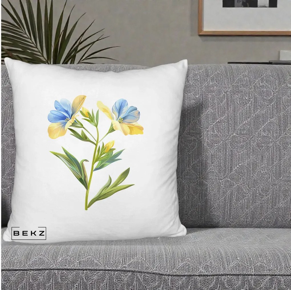 Perna Decorativa Botanica Frezie Galbena si Albastra, 40x40 cm, Alb Pufos, Husa Detasabila, Perna Inclusa, BEKZ®